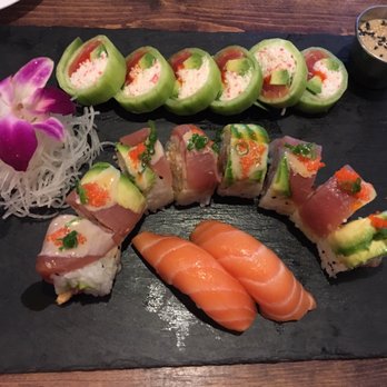 Tokyo Cube - From the top: Lollipop Roll, Shine Bright Like A Diamond Roll, Salmon Nigiri. - Japanese Near Me - Los Angeles, California Tokyo Cube - From the top: Lollipop Roll, Shine Bright Like A Diamond Roll, Salmon Nigiri. - Japanese Near Me - Los Angeles, California