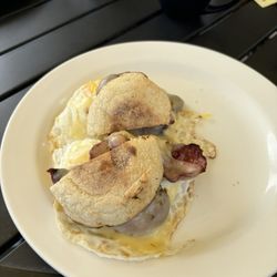 Nudy's Cafe - Eagleview Blvd - Breakfast Sandwich with Meat & Cheese (English Muffin, Over medium eggs, Turkey Bacon, and Pepperjack Cheese) Yummy!