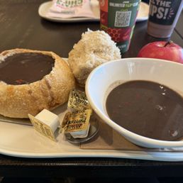 Soup and smallest bread bowl around. Soup and smallest bread bowl around.