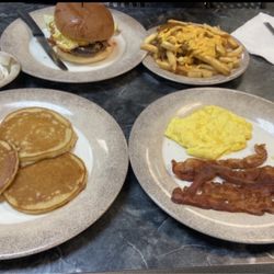 Stackerz Deli - Buttermilk Pancakes, Bacon, and Eggs  Cheeseburger and Chili Cheese Fries