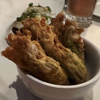 Poppy & Seed - Fried zucchini blossoms filled with ricotta - American Near Me - Anaheim, California Poppy & Seed - Fried zucchini blossoms filled with ricotta - American Near Me - Anaheim, California