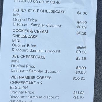Crazy Block Cheesecakes - Receipt for sampler cheesecakes 6 - Desserts Near Me - Oakland, California