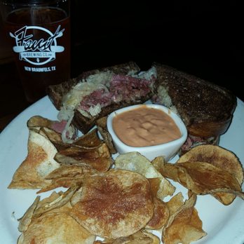 Faust Brewing Company - The Reuben, chips, "old man" beer....all made in house except bread. Good! - Burgers Near Me - New Braunfels, Texas