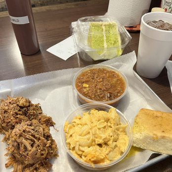 Pit Boss BBQ - Chopped Pork (1/2 lb) Plate with Brunswick Stew, Mac and Cornbread. Key Lime cake for desert. - Barbeque Near Me - Hapeville, Georgia Pit Boss BBQ - Chopped Pork (1/2 lb) Plate with Brunswick Stew, Mac and Cornbread. Key Lime cake for desert. - Barbeque Near Me - Hapeville, Georgia