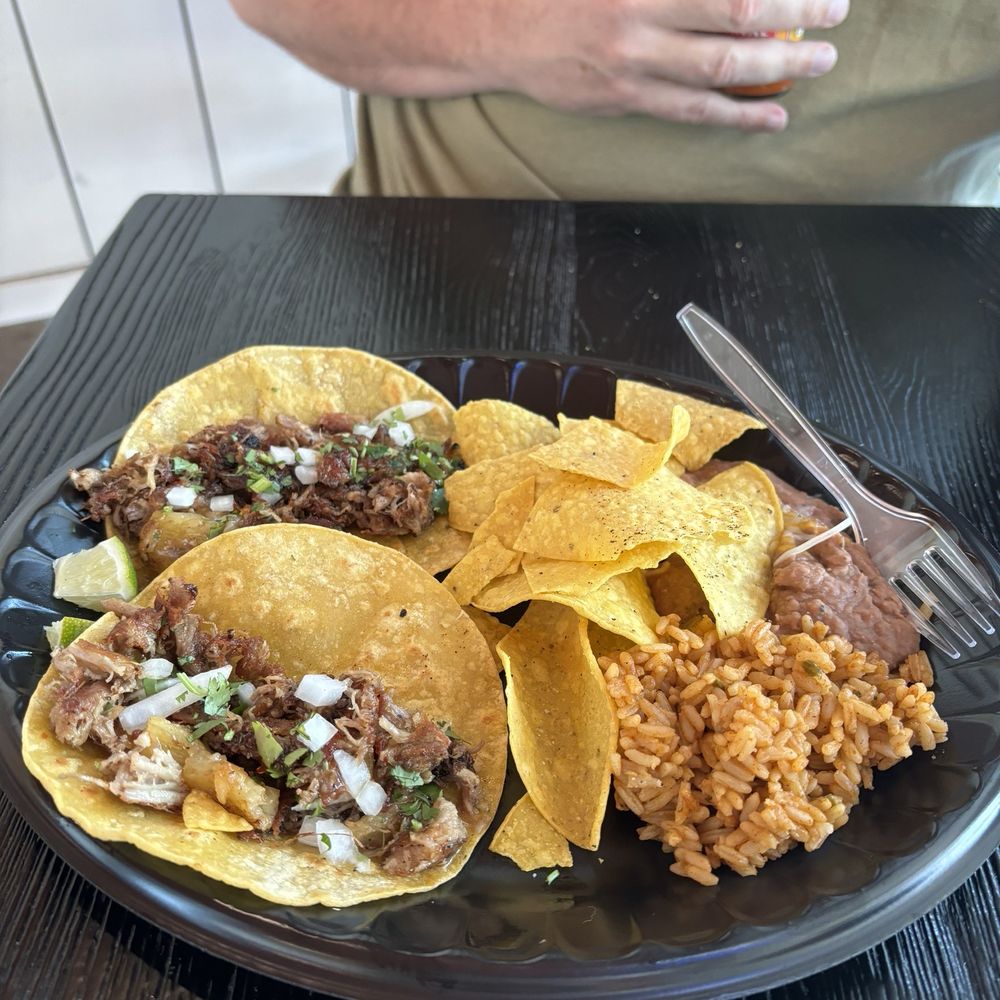 Big Taco - Pork Street Tacos with chips rice and beans with a dipping sauce - Tacos Near Me - Casselberry, Florida Big Taco - Pork Street Tacos with chips rice and beans with a dipping sauce - Tacos Near Me - Casselberry, Florida