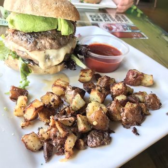 Earth Bistro - The Classic Burger double patty pepper jack cheese and avocado with Garlic n Herb Unfried "Fries" - Pizza Near Me - Temecula, California Earth Bistro - The Classic Burger double patty pepper jack cheese and avocado with Garlic n Herb Unfried "Fries" - Pizza Near Me - Temecula, California
