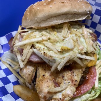 La Sabrosita Restaurant - La Callejera beef patty, chicken breast, pork chop, bacon, fried egg & ham, lettuce, tomatoes, onions, cheddar cheese, potato sticks - Burgers Near Me - Lilburn, Georgia La Sabrosita Restaurant - La Callejera beef patty, chicken breast, pork chop, bacon, fried egg & ham, lettuce, tomatoes, onions, cheddar cheese, potato sticks - Burgers Near Me - Lilburn, Georgia