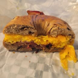 Bacon, egg, and cheese on cinnamon raisin bagel
