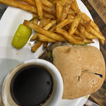 Biscuits Cafe - Philly French Dip (this came with a pickle but I was starving so I ate the pickle) - Breakfast & Brunch Near Me - Glendale, Arizona Biscuits Cafe - Philly French Dip (this came with a pickle but I was starving so I ate the pickle) - Breakfast & Brunch Near Me - Glendale, Arizona