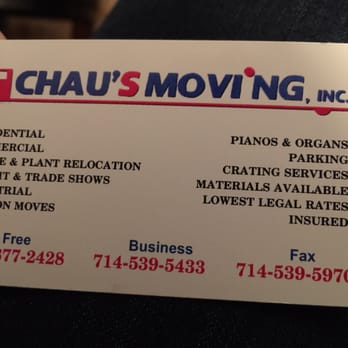 Chau Moving - We just used these guys for moving our household from Ladera Ranch to Irvine and I highly recommend them. - Movers Near Me - Garden Grove, California Chau Moving - We just used these guys for moving our household from Ladera Ranch to Irvine and I highly recommend them. - Movers Near Me - Garden Grove, California