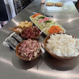 Tuna poke x 2, somen salad, spam musubi & butter mochi. Tuna poke x 2, somen salad, spam musubi & butter mochi.