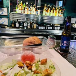 Combine Brothers - Salad with roll, backlit with the amazing bar.
