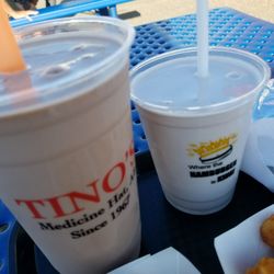 Tino's Drive-In - Large chocolate and small black currant shakes