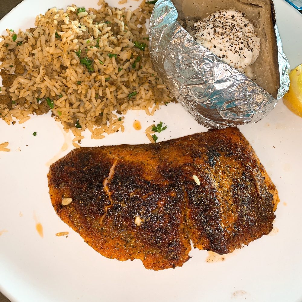 Blackened salmon dirty rice and baked potato Blackened salmon dirty rice and baked potato