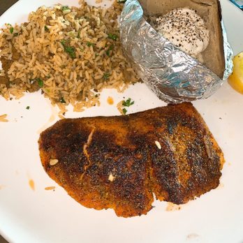 Tookie's Seafood - Blackened salmon dirty rice and baked potato - Seafood Near Me - Seabrook, Texas Tookie's Seafood - Blackened salmon dirty rice and baked potato - Seafood Near Me - Seabrook, Texas