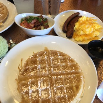 Another Broken Egg Cafe - Belgium waffle, City Grits, cheese eggs, and Grilled Andouille Sausage - Breakfast & Brunch Near Me - Dunwoody, Georgia
