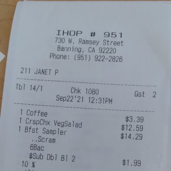IHOP - Receipt - Breakfast & Brunch Near Me - Banning, California