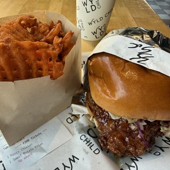 Wyld Child - Wild style chicken sandwich and sweet potato waffle fries - Burgers Near Me - Boise, Idaho Wyld Child - Wild style chicken sandwich and sweet potato waffle fries - Burgers Near Me - Boise, Idaho