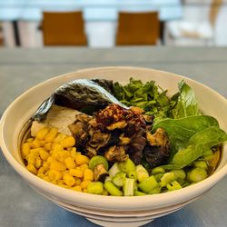Shiba Cafe - Vegetarian build-your-own ramen with: wheat noodle, spinach, tofu, corn, green onion, cilantro, shiitake, miso broth and a shoyu egg.