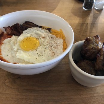 Maple Street Biscuit Company - Riverview - Blue Grass Grits Bowl w/ side of maple sausage balls (Yummy sausage!!) - Breakfast & Brunch Near Me - Riverview, Florida