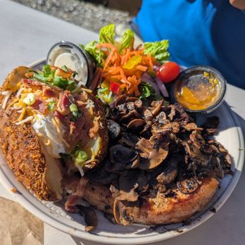 The Lube Room Saloon - The special. Smoked pork chop with mushrooms, salad and loaded baked potato for only $26. - Burgers Near Me - Dorrington, California The Lube Room Saloon - The special. Smoked pork chop with mushrooms, salad and loaded baked potato for only $26. - Burgers Near Me - Dorrington, California