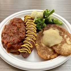 Margarita’s Dishes - Cabbage roll, Ukrainian Bratwurst, steamed vegetables and Latkas