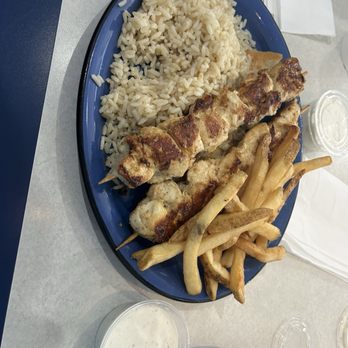 Mythos Grill - Chicken souvlaki with rice and fries. Ranch and tzatziki - Greek Near Me - Greensboro, North Carolina Mythos Grill - Chicken souvlaki with rice and fries. Ranch and tzatziki - Greek Near Me - Greensboro, North Carolina