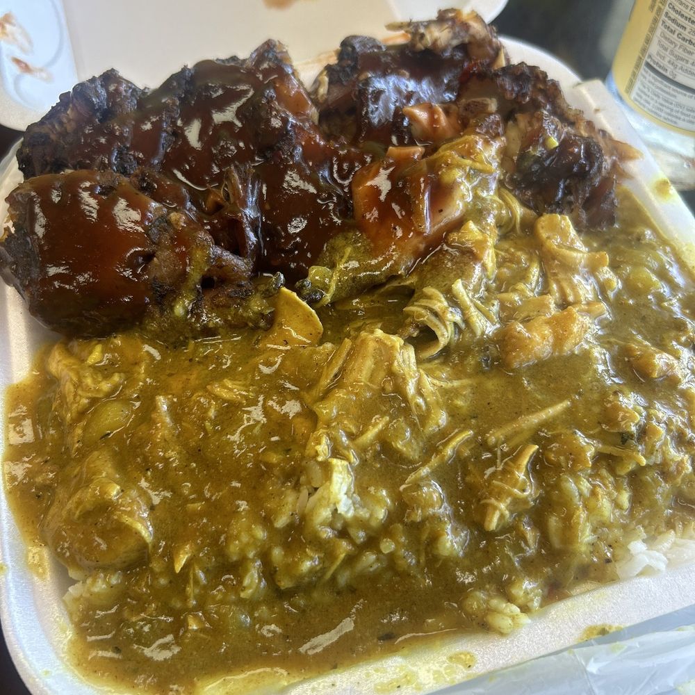 Jerk chicken, curry chicken gravy, White Rice