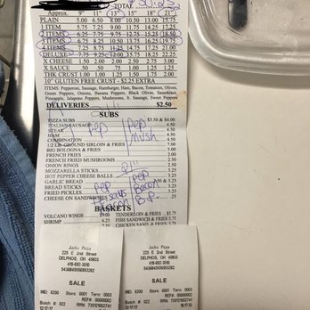 Jack's Pizza  - the receipt for the restaurant - Pizza Near Me - Delphos, Ohio