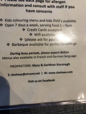 Menu photo 8 D O'Shea's Bar Sneem, KY