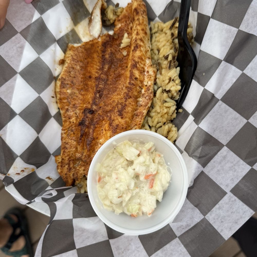 Blackened white fish with wild rice and coleslaw- good