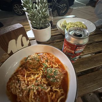 Blozzom Pizza - SPAGHETTI AND MEATBALLS and CHICKEN PESTO (in the back) - Pizza Near Me - Miami Beach, Florida