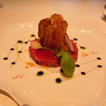 Le Jardinier - Grass-Fed Beef Tartare, Potato Chips, Spicy Aioli - French Near Me - Miami, Florida Le Jardinier - Grass-Fed Beef Tartare, Potato Chips, Spicy Aioli - French Near Me - Miami, Florida