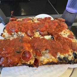 DeLux Detroit style crust small pizza. Yum! DeLux Detroit style crust small pizza. Yum!