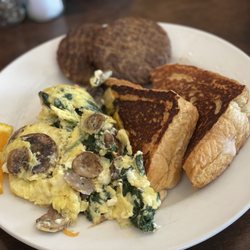 Famous Toastery - Stuffed French toast, impossible sausage, and scrambled egg with mushrooms, spinach, and feta