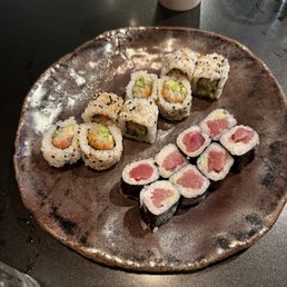 Tuna roll (with hidden surprise wasabi) and yellowtail roll