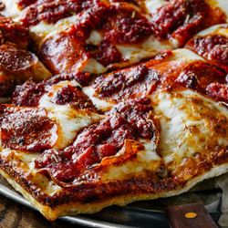 Pi Squared Pizza - Arden - The Detroiter - simple and complex...just like your significant other! Spicy, cupping pepperoni, Italian spice and premium cheese blend