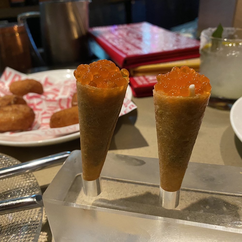 Jaleo - Salmon and trout roe cones. $5 each and worth every penny - Spanish Near Me - Washington, DC, District of Columbia
