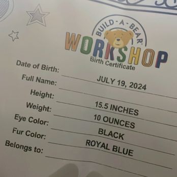 Build-A-Bear Workshop - The empty birth certificate from last month when I received Tuxedosam in the mail. (: - Toy Stores Near Me - Brea, California Build-A-Bear Workshop - The empty birth certificate from last month when I received Tuxedosam in the mail. (: - Toy Stores Near Me - Brea, California