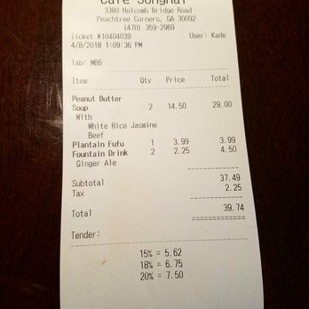 Cafe Songhai - The bill for two people. - African Near Me - Peachtree Corners, Georgia Cafe Songhai - The bill for two people. - African Near Me - Peachtree Corners, Georgia