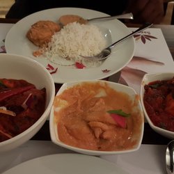 Sangri - Butter chicken  Goran Panir basmati rice shrimp dish