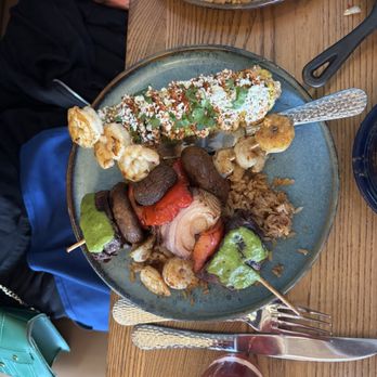 Brookside Barrio - Steak and shrimp kabobs with rice and elote - Mexican Near Me - Kansas City, Missouri