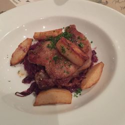 La Pancetta - Duck confit with braised cabbage and duck fat potatoes.