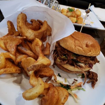 Dave & Buster's Orange - Angry Orchard Hard Cider BBQ Pulled Pork Sandwich and Steak Fries - American Near Me - Orange, California Dave & Buster's Orange - Angry Orchard Hard Cider BBQ Pulled Pork Sandwich and Steak Fries - American Near Me - Orange, California
