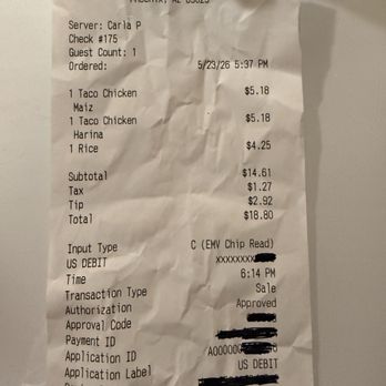 Taco Night & Tequila - As you can see the menu says the taco cost $4.50 but I was charged $5.18 per taco. The rice also was increased in price. - Tacos Near Me - Phoenix, Arizona Taco Night & Tequila - As you can see the menu says the taco cost $4.50 but I was charged $5.18 per taco. The rice also was increased in price. - Tacos Near Me - Phoenix, Arizona