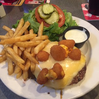 2 Dogs Pub - "Say cheese" burger topped with cheese curds - Pubs Near Me - Iowa City, Iowa 2 Dogs Pub - "Say cheese" burger topped with cheese curds - Pubs Near Me - Iowa City, Iowa