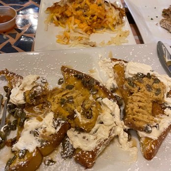 Batter & Berries - Pumpkin cheesecake French toast and cheesy hash browns. - Breakfast & Brunch Near Me - Chicago, Illinois