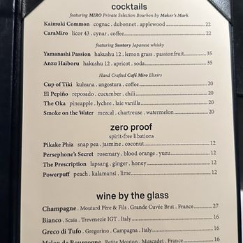 Cafe Miro - Drinks menu - Modern European Near Me - Honolulu, Hawaii Cafe Miro - Drinks menu - Modern European Near Me - Honolulu, Hawaii