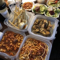 Alice's - Gnocchi (with meat sauce), Noodles (with meat sauce), Chicken, Breadsticks, Salad, and Spaghetti.