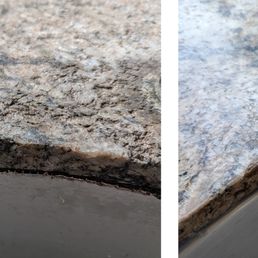 Before and after photos of pitted granite countertop.